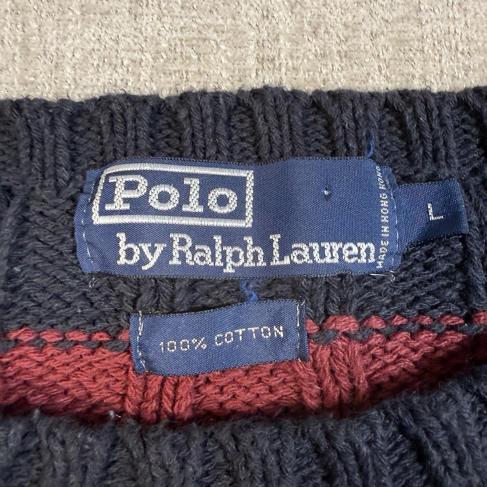 Vtg Polo Ralph Lauren Striped Ribbed Cotton Sweater L Navy Burgundy Old Money - Picture 3 of 12